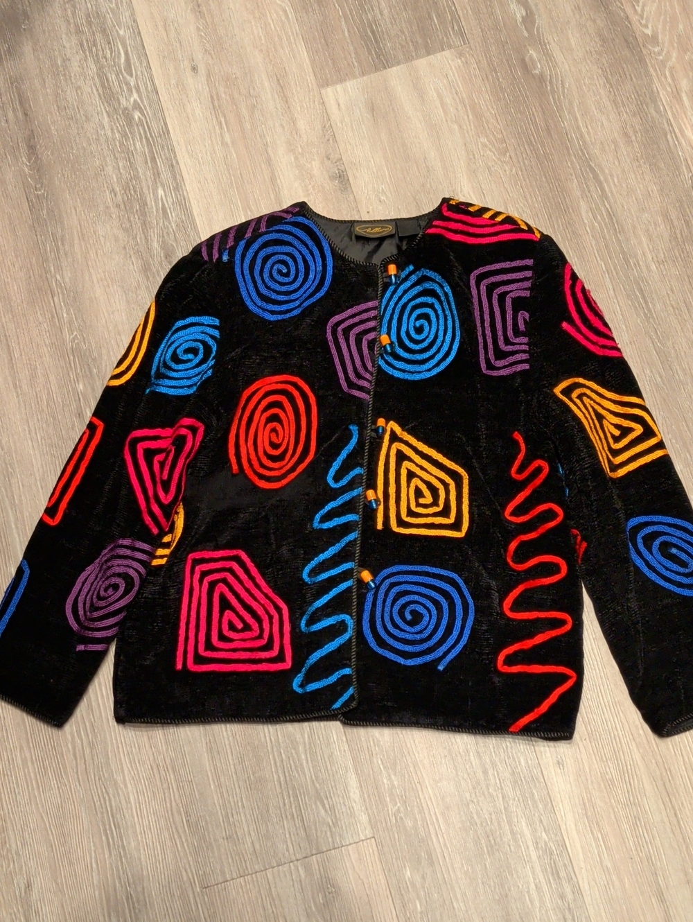 VTG 80s 90s Art To Wear Statement Jacket Neon Spiral Embroidered Cardigan Boxy
